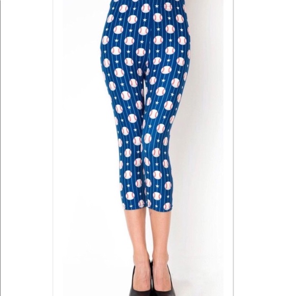 ⭐SALE⭐NEW Womens Capri Baseball Star Printed Leggings Blue/White - Picture 5 of 6